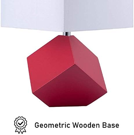 25" Table Lamp - Modern Irregular Geometric Style Wooden Base, White Square Fabric Shade, Contemporary Table Desk Lamp - Great for Living Rooms, Bedrooms, or Study Rooms (Red)