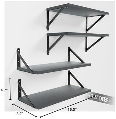 COCOYA Wall Shelves 7.3" Deep Solid Paulownia Wood (Grey, Set of 4)