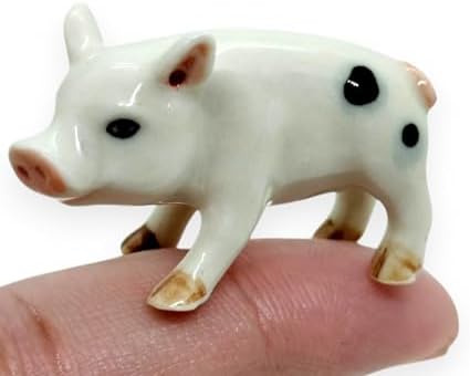 WitnyStore Tiny 1⅜" White Black Stand Baby Pig Curled Tail Figurine - Miniature Hand Made Ceramic Pigs Swine Hog Piglet Livestock Farm Animals Cute Porcelain Decorative Collectible Figures Décor Gifts