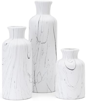 White Marble Look Vase Set of 3, Modern Ceramic Flower Vase for Home Decor, Decorative Vase for Table Entryway Mantel Centerpiece Living Room Bathroom Bedroom (White Gray Marble)