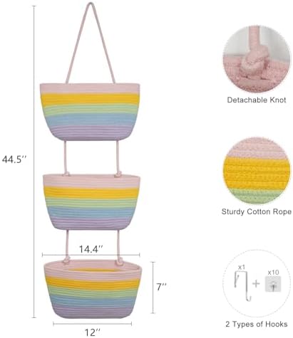 TeoKJ Over the Door Hanging Basket, 3-Tier Woven Cotton Wall-Mounted Storage Organizer Bag Decorative Hanging Nursery Baskets, Rainbow