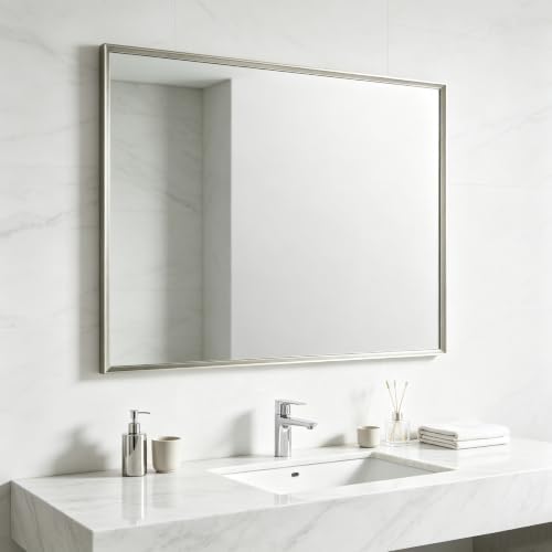 Bathroom Mirror for Wall, 40x30 Inch Framed Vanity Mirror Brushed Nickel | Rectanglar Metal Beveled Framed Mirror for Over Sink, Tempered Glass, Anti-Rust, Hangs Horizontally or Vertically
