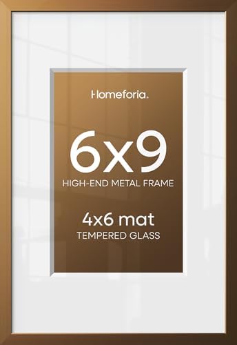 Homeforia 6x9 Bronze Picture Frame, High-End Metal, 4x6 Mat, Glass