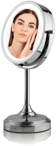 OVENTE 7'' Lighted Magnifying Makeup Mirror, Polished Chrome MCT70CH1X7X | Cordless Tabletop Vanity Mirror with 1X/7X Magnification, Battery Operated, 360° Swivel Design, Cool-Tone LED Lights