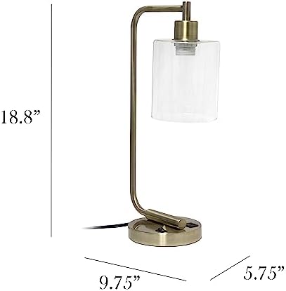 Simple Designs LD1066-ABS-LB Industrial Vintage Bronson Iron Lantern Desk Table Lamp with USB Port and Glass Cylinder Shade for Office, Living Room, Bedroom, Antique Brass, With Feit LED Bulb Included