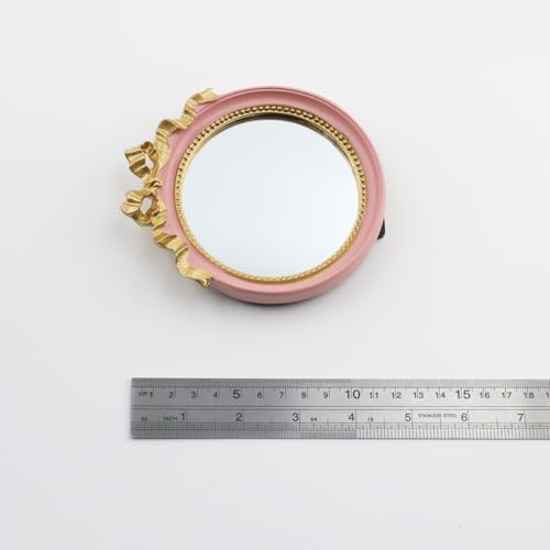 Bitray Pink Vintage Wall Mirror 4" French Baroque Resin Decorative Hanging | 1Pcs, 4.2" Outer Dia丨Small Makeup Desk Mirror丨Tabletop Wall Mount丨Decorative Mirror丨For Bedroom Bathroom Tabletop Wall Decor