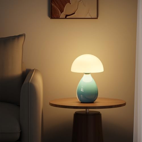 Mushroom Side Table Lamp, Mini Modern Lamp Small Vintage Table Bedside Nightstand Light, Small Light Dimmable for Bedroom, Living Room, Ceramic Base Glass Led Home Decor for Woman Gifts