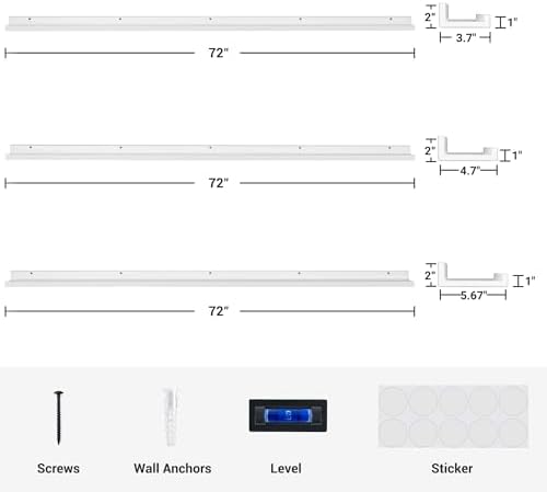 Axeman Picture Ledge Shelf, 72 Inch White Floating Shelves Set of 3