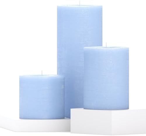 CANDWAX Assorted Pillar Candles Set of 3 – Sizes 3", 4", 8" Unscented Dripless Large Candles, Rustic Finish Long Burning for Weddings, Home Decor – Light Blue