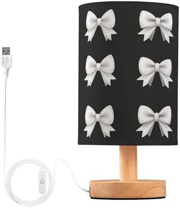 Black and White Bow Ribbon Pattern Table Lamp with Wood Base Fabric Lamp Shade Bedside Nightstand Desk Lamp for Living Room Bedroom Kids Room Office