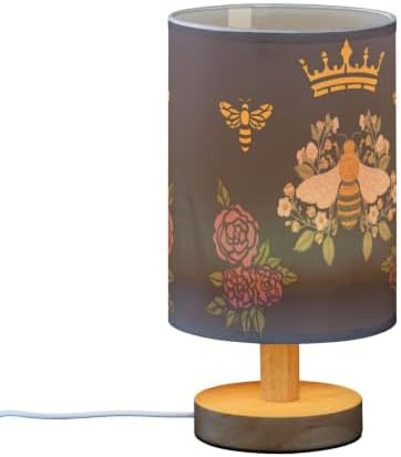 Table Lamp Honey Queen Bee Bumblebee Crown Flower Floral Wreath Nightstand Lamp with Wood Base Fabric Lamp Shade Bedside Desk Lamp for Living Room Bedroom Kids Room Office