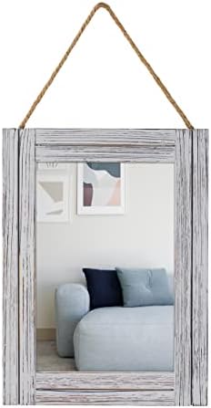 12 x 16 in Wall Decorative Mirror, Rustic Wood Frame Rectangular Mirror with Hanging Rope for Entryway, Bedroom, Guest Bathroom, Living Room, Bedroom - Grey