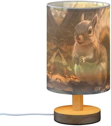 Squirrel in Forest Table Lamp with Wood Base Fabric Lamp Shade Bedside Nightstand Desk Lamp for Living Room Bedroom Kids Room Office