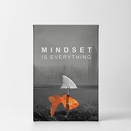 Smile Art Design Mindset is Everything Wall Art Canvas Print Black and White Goldfish Shark Entrepreneur Inspirational Motivational Quote Living Room Office Decor Ready to Hang 12x8