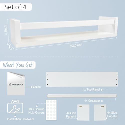 Forbena 24 Inch Wall Bookshelf for Kids Bedroom Set of 4, White Floating Nursery Book Shelves for Baby Toddler Children Girls Boys Room Decor, Large Wood Wall Mount Bookshelves and Toy Storage