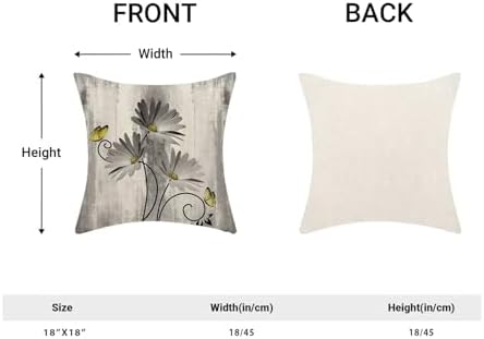 Grey Yellow Floral Pillow Covers 18 x 18 Inch Set of 2 Daisy Floral Butterfly Decorative Throw Pillow Covers Linen Rustic Farmhouse Cushion Cases for Home Sofa Couch Living Room Decor