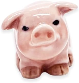 WitnyStore Tiny 1¼" Long Pink Sitting Smiling Pig Figurine - Miniature Hand Made Painted Ceramic Pigs Swine Hog Piglet Livestock Farm Animals Cute Porcelain Decorative Collectible Figures Décor Gifts