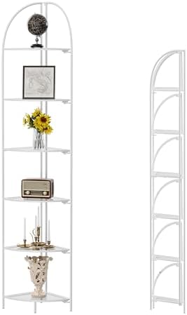 Crofy 6-Tier Foldable Corner Shelf, Metal White Frame & Transparent Shelves
