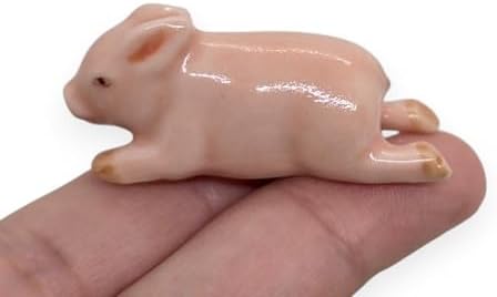 WitnyStore Tiny 1½" Pink Crouching Baby Pig Figurine - Miniature Hand Made Painted Ceramic Pigs Swine Hog Piglet Livestock Farm Animal Cute Porcelain Decorative Figure Collectible Figurines Décor Gift
