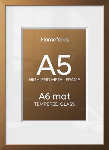 Homeforia A5 Bronze Picture Frame, High-End Metal, A6 Mat, Glass