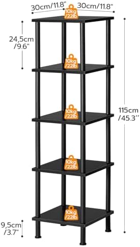 HOOBRO 5-Tier Corner Shelf Stand, Corner Square Rack Display Shelf, Tall Storage Rack Plant Stand, Corner Bookcase for Small Spaces, Living Room, Home Office, Kitchen, Black BK50CJ01