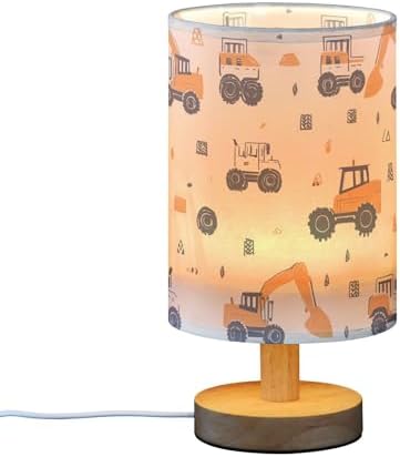 Construction Car Truck Excavator Pattern Table Lamp with Wood Base Fabric Lamp Shade Bedside Nightstand Desk Lamp for Living Room Bedroom Kids Room Office