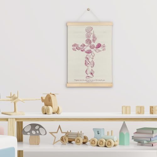 SereneHanctuary Christian Pink Coastal Beach Wall Art, Psalm 93:4 Bible Verses Wall Decor, Seashell Cross Religious Poster Hanger Frame for Girls Bedroom Home Church Decor, 12x16 Inches
