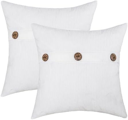 HWY 50 White Chenille Throw Pillow Covers 20x20 Inch Buttons Pack of 2