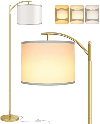 Floor Lamp for Living Room with 3 Color Temperatures LED Bulb, Standing Lamp Tall Industrial Floor Lamp Reading for Bedroom, Office (9W LED Bulb, White Lampshade Included) -Gold