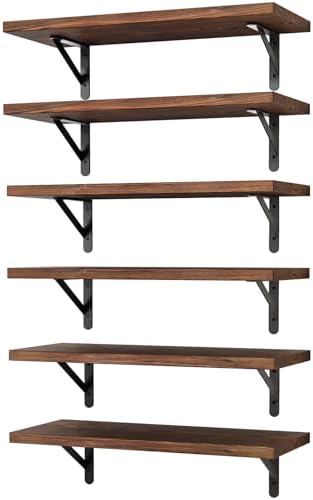 YGEOMER 16.5in Floating Shelves for Wall, Dark Carbonized Pine Set of 6