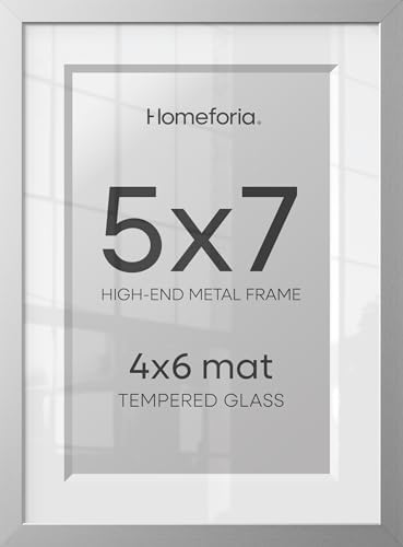 Homeforia 5x7 Silver Picture Frame, High-End Metal, 4x6 Mat, Glass
