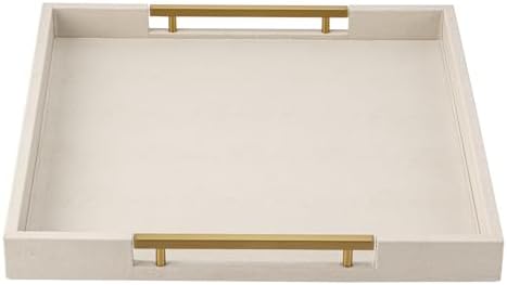 Beige Faux Leather Serving Tray with Handles – Large Decorative Tray for Coffee Table, Ottoman, Living Room, Bathroom – Home Decor