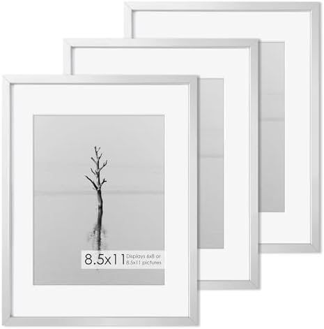 Fun Memories 8.5x11 Metal Picture Frame- 8.5x11 Aluminum Photo Frames with 6x8 Mat, High-Definition Plexiglass Front, and Hanging Hardware - Ideal for Wall or Tabletop Display (Silver, Pack of 3)