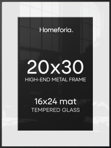 Homeforia 20x30 Black Picture Frame, High-End Metal, 16x24 Mat, Glass