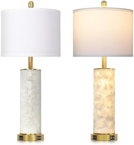 29" Coastal Seashell Table Lamp for Living Room Set of 2, Bedroom, Bedside Nightstand Lamp with Night Light, Seashell Lamp with USB A+C Ports Cottage Beach House Accent Lamp, LED Bulb Included(Gold)