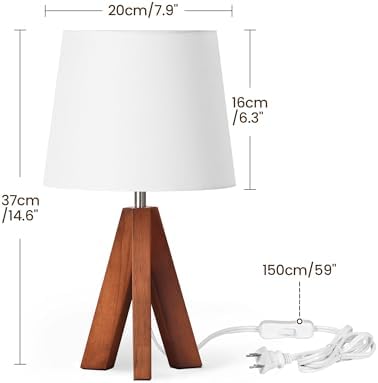 Tripod Table Lamp, Small Bedside Lamp with White Fabric Shade & Dark Wood Base, Modern Nightstand Lamp, Little Cute Desk Lamp for Bedroom, Kids Room, Living Room, Office, Study, LW51TL05