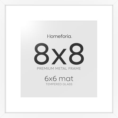 Homeforia 8x8 White Picture Frame, High-End Metal, 6x6 Mat, Glass