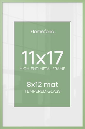 Homeforia 11x17 Green Picture Frame, High-End Metal, 8x12 Mat, Glass