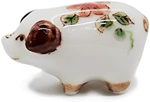 WitnyStore Tiny ¾ Inch Long White Brown Flower Pig Figurine - Miniature Hand Made Painted Ceramic Pigs Swine Hog Piglet Livestock Farm Animals Cute Porcelain Decorative Collectible Figure Décor Gifts