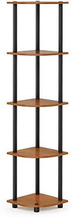 Furinno TURN-N-TUBE Corner Shelf, 5-Tier Corner Bookshelf, Open Storage Shelves, for Organization and Storage, Living Room, Home Office, Garage, Bedroom, Light Cherry