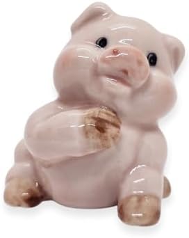 WitnyStore 1½" Pink Sit Pig Lift Hoof Ceramic Figurine Terrarium Decoration Collectible Statue for Adult Collectors Handcrafted Porcelain Ornament Sculpture Home Room Tabletop Decor
