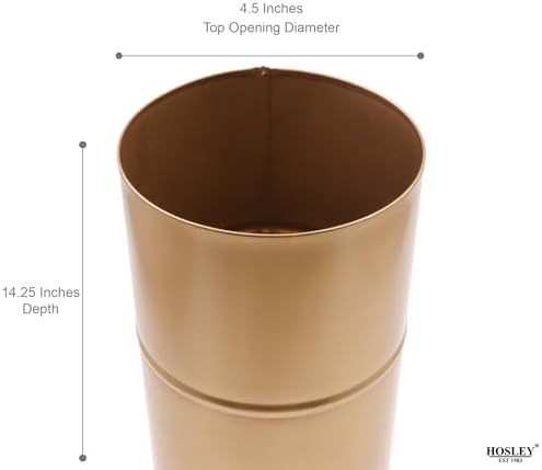 Hosley Gold Metal Tall Floor Vase with PVC Liner, 4-Inch Dia x 14-Inch H, Large Decorative Vase for Home Decor, Ideal for Floral Arrangements, Weddings, Parties, and Living Room Corner Decor