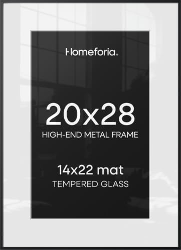 Homeforia 20x28 Black Picture Frame, High-End Metal, 14x22 Mat, Glass