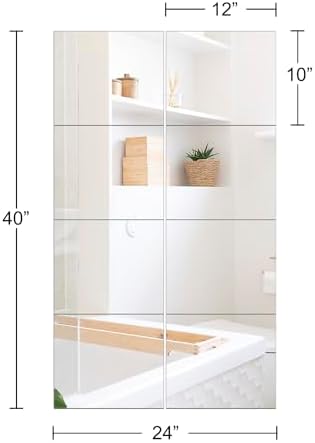 Full Length Mirror Tiles, 12" x 10" x 8PCS Frameless Wall Mounted Mirror | Square Large Wall Mirror Tiles for Home Gym, Bedroom, Door, Bathroom, Frameless Mirror Sets