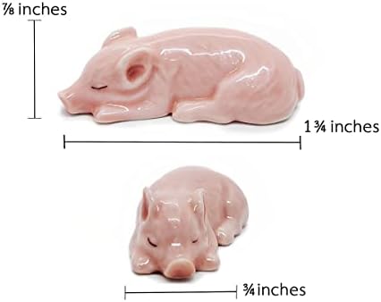 WitnyStore Tiny 1¾" Long Pink Sleeping Baby Pig Figurine - Miniature Hand Made Painted Ceramic Pigs Swine Hog Piglet Livestock Farm Animals Cute Porcelain Decorative Collectible Figures Décor Gifts
