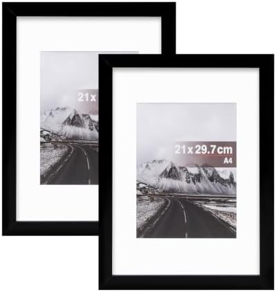 Muzilife Black A4 Picture Frame with Mat, Clear Shatterproof Cover,2 Pack