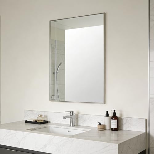 Bathroom Mirror for Wall, 36x24 Inch Framed Vanity Mirror Brushed Nickel | Rectanglar Metal Beveld Framed Mirror for Over Sink, Tempered Glass, Anti-Rust, Hangs Horizontally or Vertically