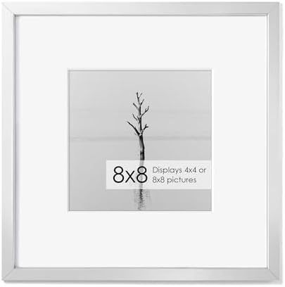 Fun Memories 8x8 Aluminum Picture Frame, Premium Square Photo Frames with Mat for 4x4 or Without Mat for 8 x 8, Simple and Elegant Decor for Wall Mounting, Silver, 1 Pack