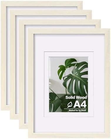 Egofine A4 Picture Frames Set of 4, Made of Solid Wood Covered by Plexiglass 5x7 and 6x8 with Mat or A4 without Mat, for Table Top Display and Wall Mounting Photo Frame Beige