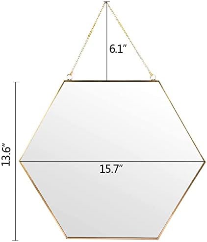 LONGWIN Hanging Wall Hexagon Mirror Decor Gold Geometric Mirror with Chain for Bathroom Bedroom Living Room 15.7"x 13.6"